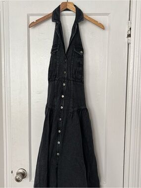 Free People Black Denim Halter Button-Front Maxi Dress
